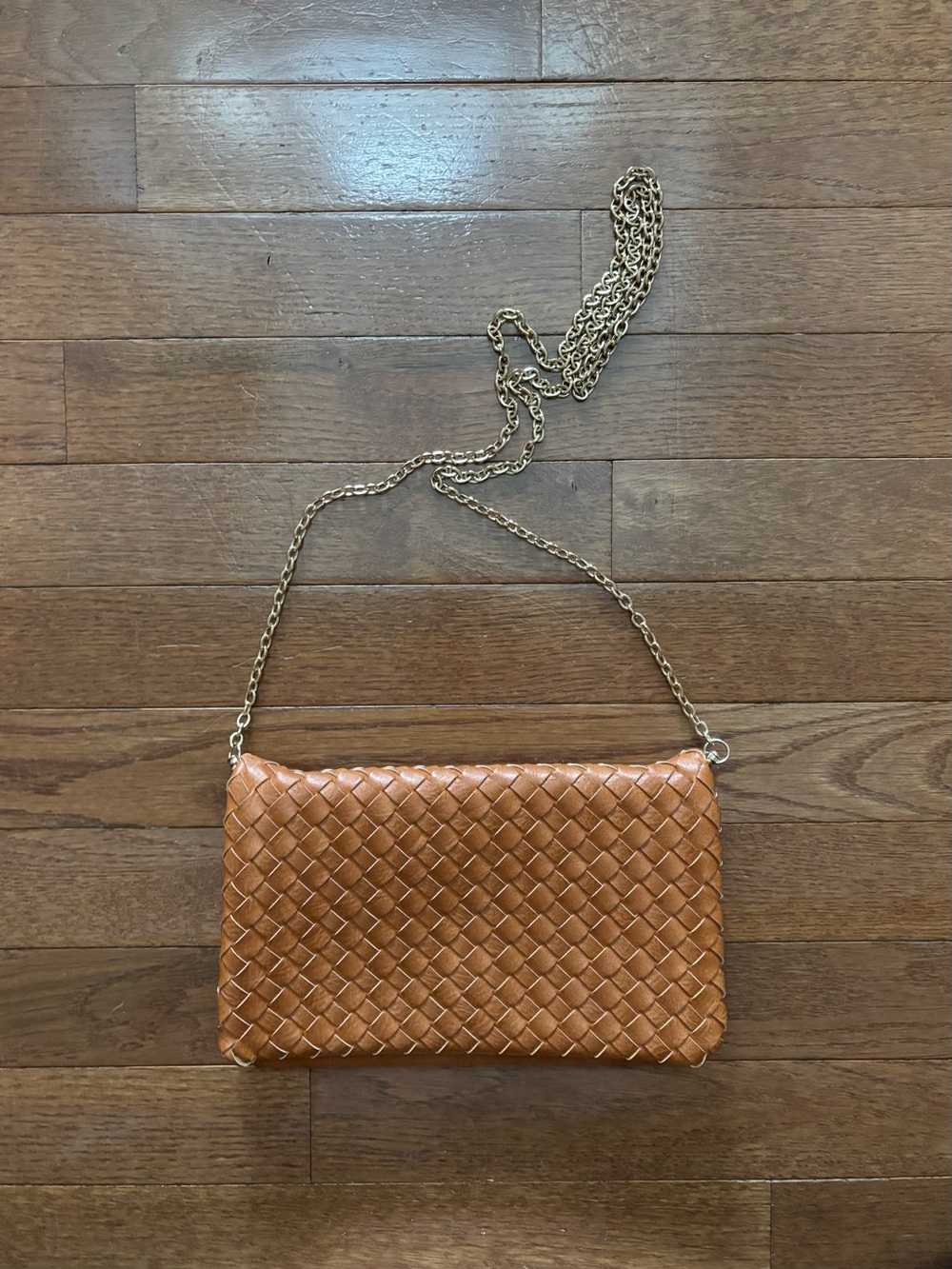 Basket Weave Vegan Leather Gold Tone Chain Crossbody Bag